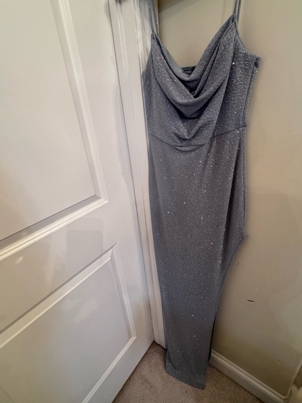 Stunning Silver light blue shimmer Neck Sequin Slip Dress - Women's Evening Gown - Picture 4 of 8